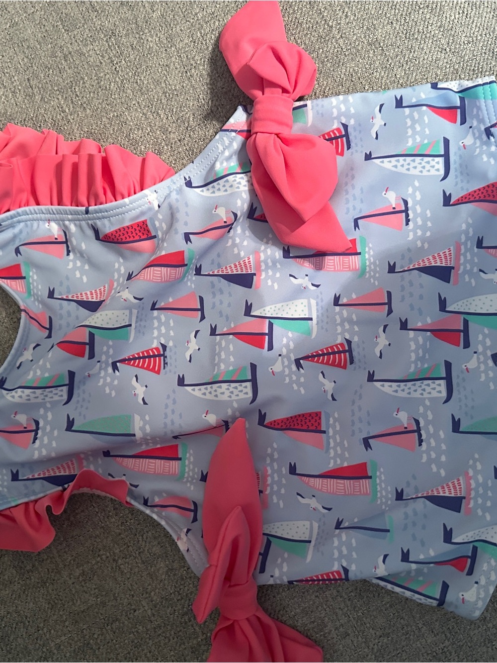 Girls Sailboat Print One-Piece Swimsuit in Pink and Light Blue